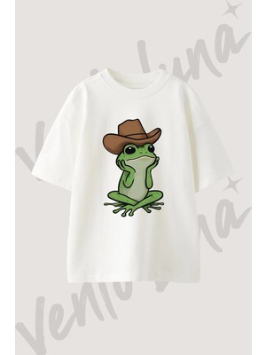 Frog Cowboy Tasarım Baskılı Unisex Oversize Kalıp Beyaz Tshirt