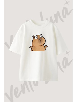 Cartoon Capybara_1 Tasarım Baskılı Unisex Oversize Kalıp Beyaz Tshirt