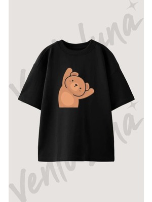Cute Bear_1 Tasarım Baskılı Unisex Oversize Kalıp Siyah Tshirt
