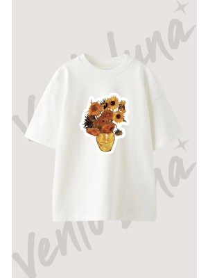 Van Gogh Sunflowers Tasarım Baskılı Unisex Oversize Kalıp Beyaz Tshirt