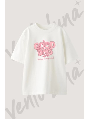 Good Days Butterfly Tasarım Baskılı Unisex Oversize Kalıp Beyaz Tshirt