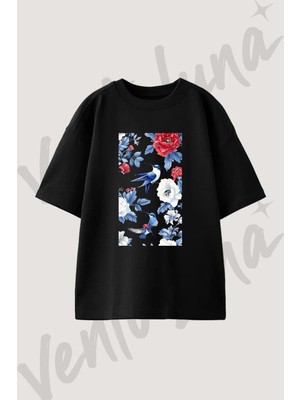 Kolibri Cicek Tasarım Baskılı Unisex Oversize Kalıp Siyah Tshirt