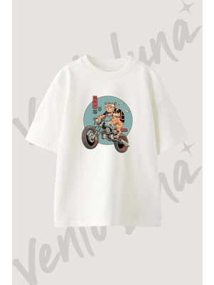 Neko Biker Tasarım Baskılı Unisex Oversize Kalıp Beyaz Tshirt
