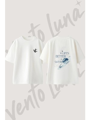 Planet Saturn Tasarım Sırt Baskılı Pamuk Beyaz Oversize T-Shirt