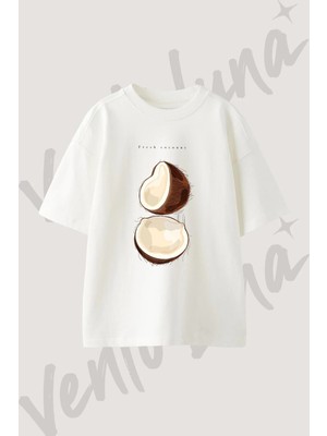 Coconut Halves Tasarım Baskılı Unisex Oversize Kalıp Beyaz Tshirt