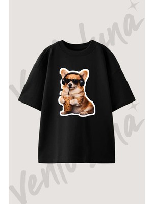 Corgi Bubble Tea Tasarım Baskılı Unisex Oversize Kalıp Siyah Tshirt
