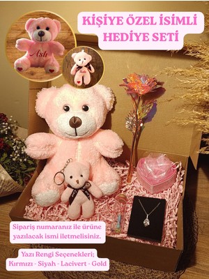 Paganca Pembe Ayıcık 25 cm - Anahtarlık - Dilek Şişesi - Kalpli Kutu - Sonsuzluk Gülü - Kolye Hediye Seti Kişiye Özel İsimli