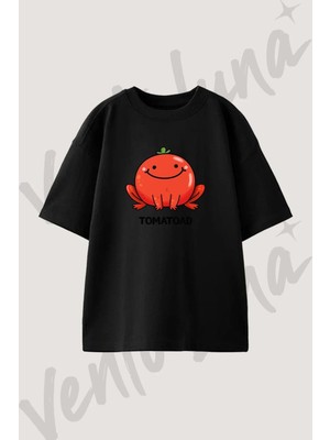 Tomato Toad Tasarım Baskılı Unisex Oversize Kalıp Siyah Tshirt