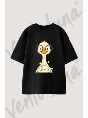 Kaz Gozluklu Noel Tasarım Baskılı Unisex Oversize Kalıp Siyah Tshirt