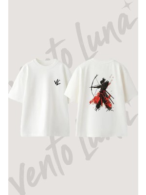 Samuray Okcu Tasarım Sırt Baskılı Pamuk Beyaz Oversize T-Shirt