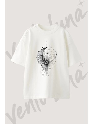 Kozmik Kanat Tasarım Baskılı Unisex Oversize Kalıp Beyaz Tshirt