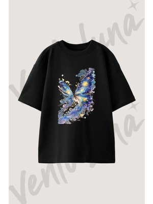 Starry Night Butterfly_1 Tasarım Baskılı Unisex Oversize Kalıp Siyah Tshirt