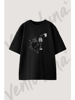 Kedi Sarap Tasarım Baskılı Unisex Oversize Kalıp Siyah Tshirt