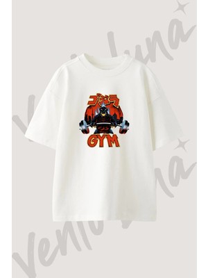 Godzilla Gym Tasarım Baskılı Unisex Oversize Kalıp Beyaz Tshirt