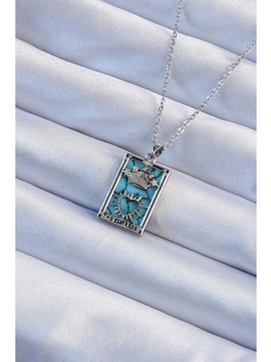 Aydogan's Ayd 316L Çelik Zincir Gümüş Renk Zirkon Taşlı Mavi Mermer Desenli Taç Model Tarot Kolye - Tj-