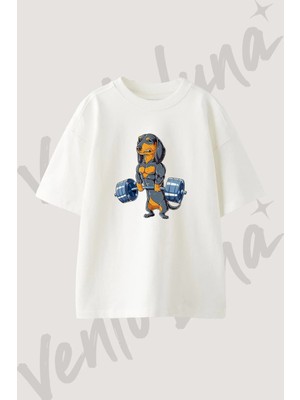 Dachshund Halter Tasarım Baskılı Unisex Oversize Kalıp Beyaz Tshirt