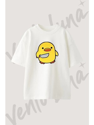 Chick Knife Tasarım Baskılı Unisex Oversize Kalıp Beyaz Tshirt