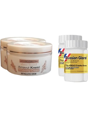 Bezos Three Brand Whitening Cream 100 ml Arnavut Kremi Aklık Kremi 2 Adet + Russıan Glare Tüy Dökücü Azaltıcı Merhem 50 ml 2 Adet