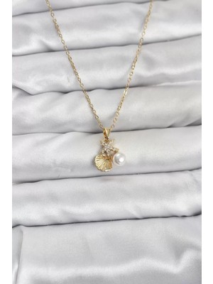 Aydogan's Ayd 316L Çelik Zincir Gold Renk Deniz Kabuğu ve Deniz Yıldızı Model Zirkon Taşlı Kadın Kolye