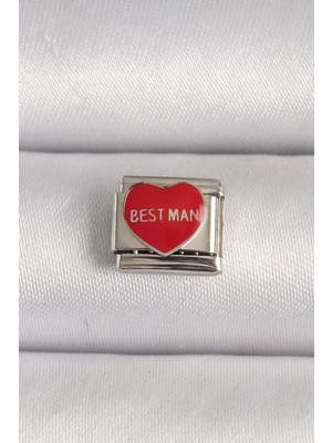 Aydogan's Ayd 316L Çelik Gümüş Renk 'best Man' Yazılı Kırmızı Kalp Işlemeli Nomination Charm - Tj-B