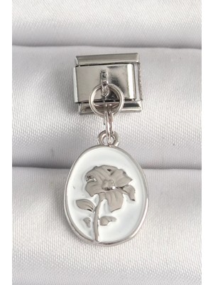 Aydogan's Ayd 316L Çelik Gümüş Renk Çiçek Işlemeli Beyaz Portre Model Nomination Charm - TJ-BC1214