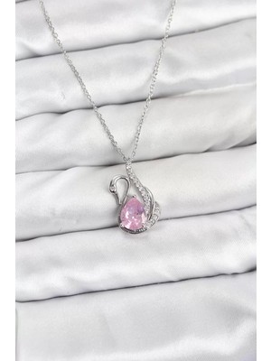 Aydogan's Ayd 316L Çelik Zincir Gümüş Renk Pembe Kuğu Model Zirkon Taşlı Kadın Kolye - TJ-BKO10866