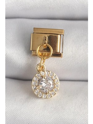 Aydogan's Ayd 316L Çelik Gold Renk Sallantı Daire Zirkon Taşlı Nomination Charm - TJ-BC1342
