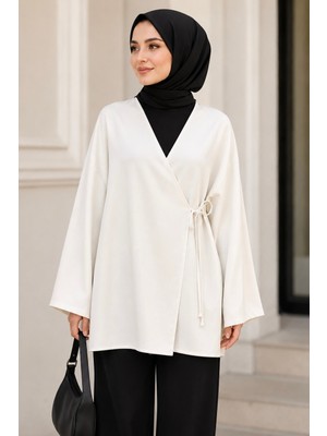 İmaj Butik Ekru Kruvaze Yaka Yandan Bağlamalı Yazlık Kimono Tunik