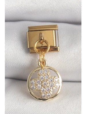 Aydogan's Ayd 316L Çelik Gold Renk Sallantı Zirkon Taşlı Yonca Model Nomination Charm - TJ-BC1340