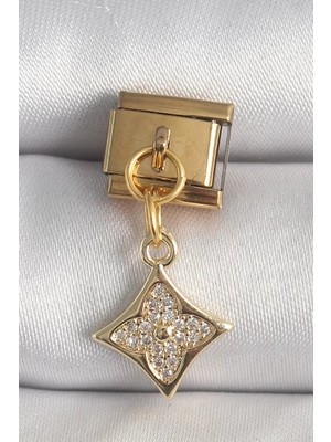 Aydogan's Ayd 316L Çelik Gold Renk Sallantı Zirkon Taşlı Çiçek Işlemeli Nomination Charm - TJ-BC1355