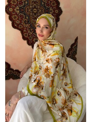 İmaj Butik Yağ Yeşili Desenli Ipek Şal