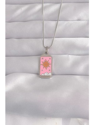Aydogan's Ayd 316L Çelik Gümüş Renk Pembe Mineli Güneş Model Tarot Kolye - TJ-BKO9043