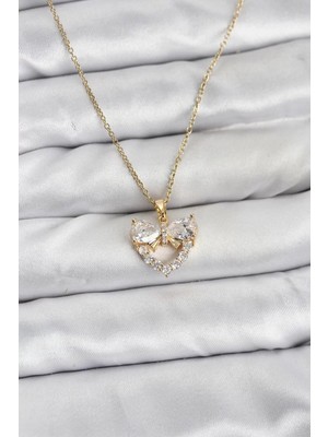 Aydogan's Ayd 316L Çelik Zincir Gold Renk Kalp ve Fiyonk Model Zirkon Taşlı Kadın Kolye - TJ-BKO10848