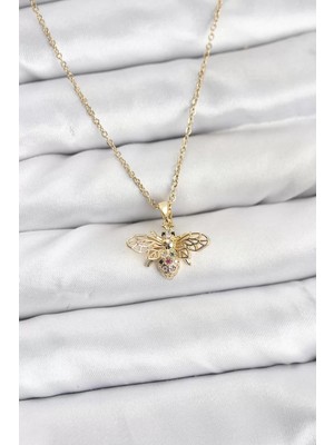 Aydogan's Ayd 316L Çelik Zincir Gold Renk Sinek Model Zirkon Taşlı Kadın Kolye - TJ-BKO10875