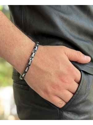 Stainless Steel Erkek Bijuteri Kral Zincir Bileklik - Gümüş ve Siyah Detaylı Çelik Bileklik