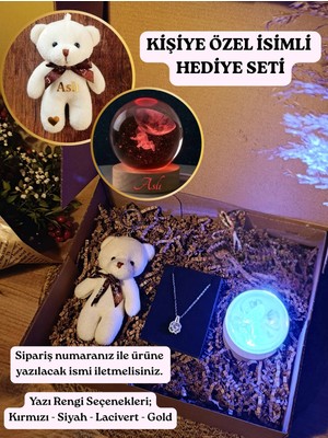 Paganca Hediye Seti - Beyaz Ayıcık Anahtarlık, Baget Çelik Kolye, Ahşap Renk Değiştiren USB'li Cam Küre