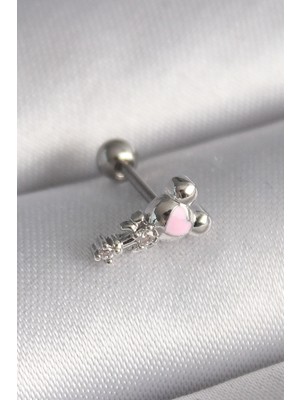 Colezium 316L Çelik Gümüş Renk Zirkon Taş Detay Pembe Işleme Tragus Piercing