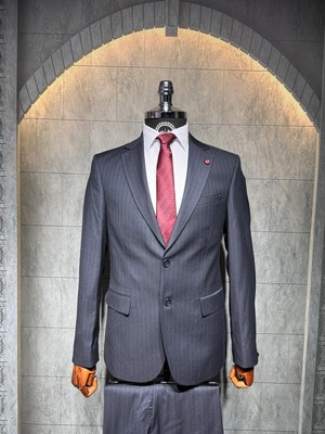 Dupont Classics Dupont Erkek Çizgili Ikili Takım Elbise - Viskon Slim Fit Mono Yaka 6 Drop