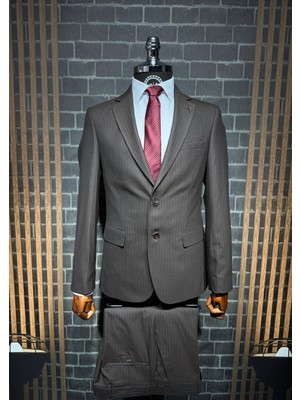 Dupont Classics Dupont Erkek Çizgili Ikili Takım Elbise - Viskon Slim Fit Mono Yaka 6 Drop