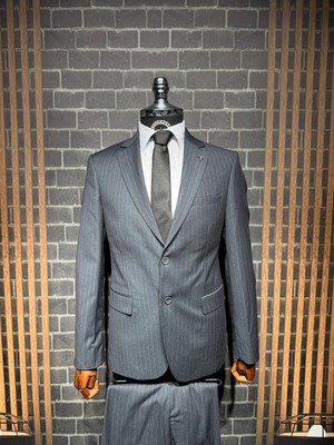 Dupont Classics Dupont Erkek Çizgili Ikili Takım Elbise - Viskon Slim Fit Mono Yaka 6 Drop