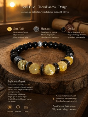 Lia Charm Tasarım El Emeği Sarı Akik, Hematit ve Oniks Doğal Taş Erkek Bileklik - 8 mm