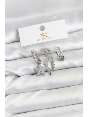 Colezium Pirinç Gümüş Renk Zirkon Taşlı Yıldız Model Ysx Trio Küpe Seti