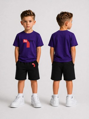 Lorvex Çocuk Şortlu Takım Erkek (Şort-T-Shirt) Baskılı Yazlık Spor Kombin Rahat Kalıp Takım