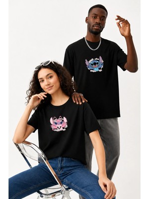 Lorvex Çift Kombin Erkek-Kadın Oversize T-Shirt %100 Pamuk Baskılı Rahat Kalıp Sevgili Tişörtü 2'li