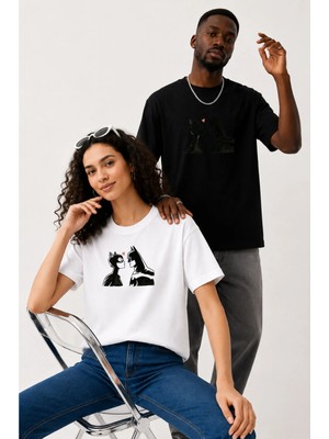 Lorvex Çift Kombin Erkek-Kadın Oversize T-Shirt %100 Pamuk Baskılı Rahat Kalıp Sevgili Tişörtü 2'li