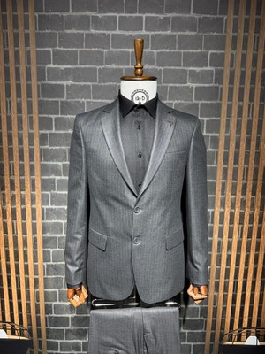 Dupont Classics Dupont Erkek Çizgili Ikili Takım Elbise - Viskon Slim Fit Mono Yaka 6 Drop