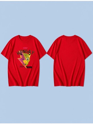 Lorvex Hungry Stay Baskılı %100 Pamuk Oversize Unisex Tişört Rahat Kesim T-Shirt