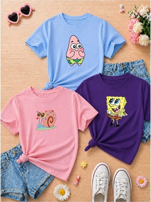 Lorvex Bottom Baskılı Oversize %100 Pamuklu Renkli Çocuk Yetişkin T-Shirt (3'lü)