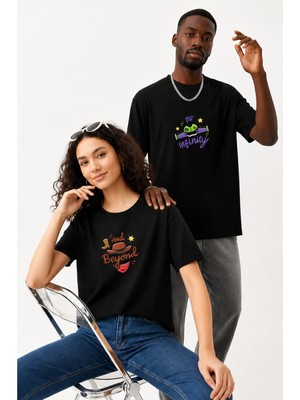 Lorvex Çift Kombin Erkek-Kadın Oversize T-Shirt %100 Pamuk Baskılı Rahat Kalıp Sevgili Tişörtü 2'li