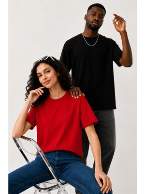 Lorvex Çift Kombin Erkek-Kadın Oversize T-Shirt %100 Pamuk Baskılı Rahat Kalıp Sevgili Tişörtü 2'li